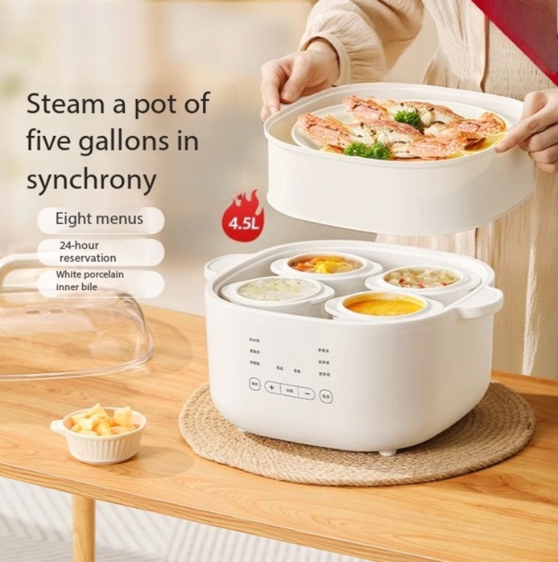 Slow Cooker Ceramic - หม้อตุ๋นเซรามิกอัตโนมัติ 4.5 ลิตร แยกน้ำออกจากเนื้อ หม้อตุ๋นไฟฟ้าสำหรับใช้ในครัวเรือน ดีไซน์ต้มสองชั้น