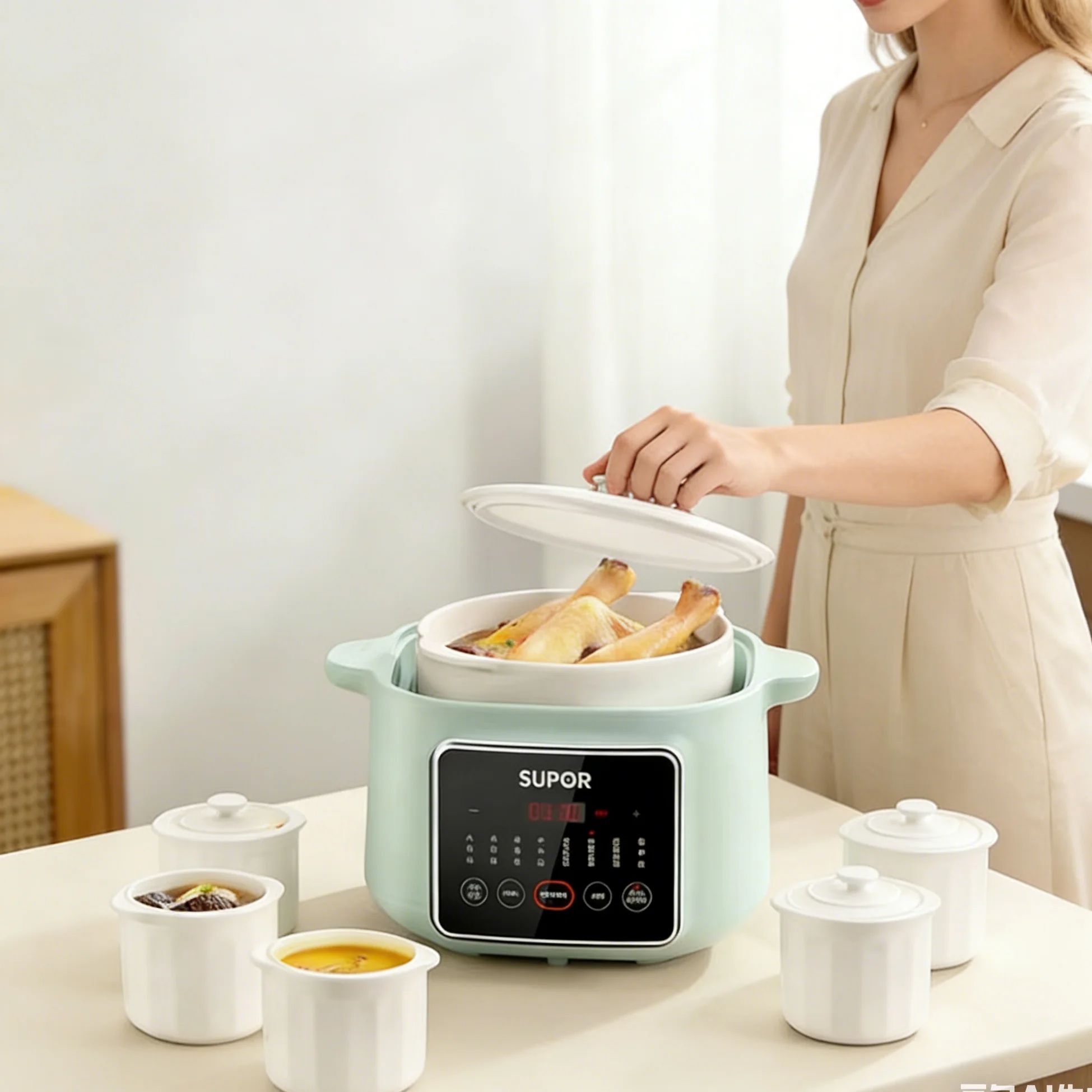 Slow Cooker Ceramic - หม้อหุงช้าอเนกประสงค์เซรามิก SUPOR พร้อมหม้อต้มสองชั้น หม้อไฟฟ้าสำหรับตุ๋น ทำโจ๊ก ทำอาหารเด็ก