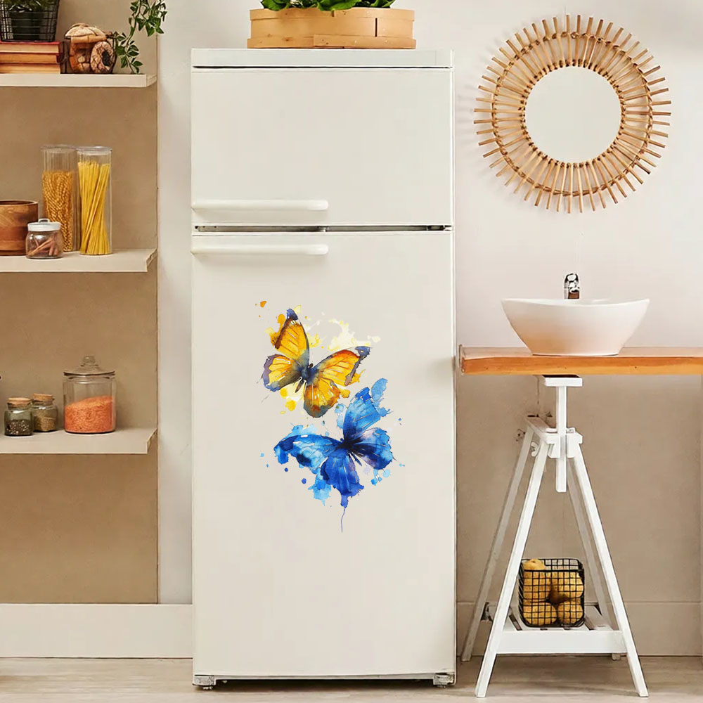 Kitchen Appliances Yellow - สติ๊กเกอร์ติดตู้เย็นลายผีเสื้อสีน้ำสีฟ้าและสีเหลือง, สติ๊กเกอร์ลายผีเสื้อแบบถอดได้สำหรับเครื่องใช้ในครัว