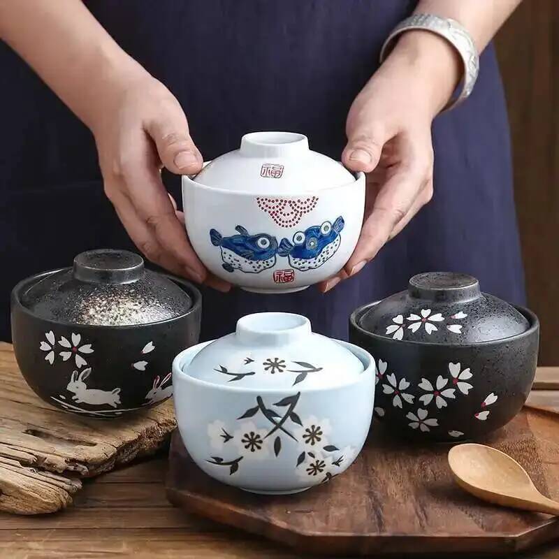 Slow Cooker Ceramic - เซรามิคญี่ปุ่น 4.25 นิ้วหม้อสตูว์ชามพร้อมฝาปิดไอน้ําไข่ชามซุปนึ่งถ้วยหม้อหุงช้าบ้านร้านอาหารบนโต๊ะอาหาร